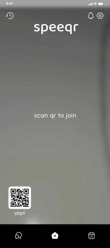 Speeqr mobile home screen with scan QR to join